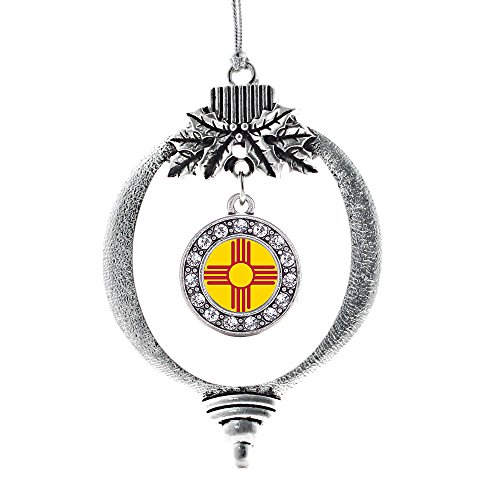 Inspired Silver - New Mexico Flag - Silver Christmas Ornament - Circle Charm Christmas Tree Ornament with Cubic Zirconia - Holiday Hanging Decoration
