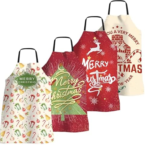 4 Pack Funny Christmas Kitchen Aprons for Women Men Adjustable Cooking Chef Aprons Waterproof Plaid Bib Aprons Cute Xmas Party Aprons Gift for Bakers Wife Husband Family, Xmas Pattern Cover