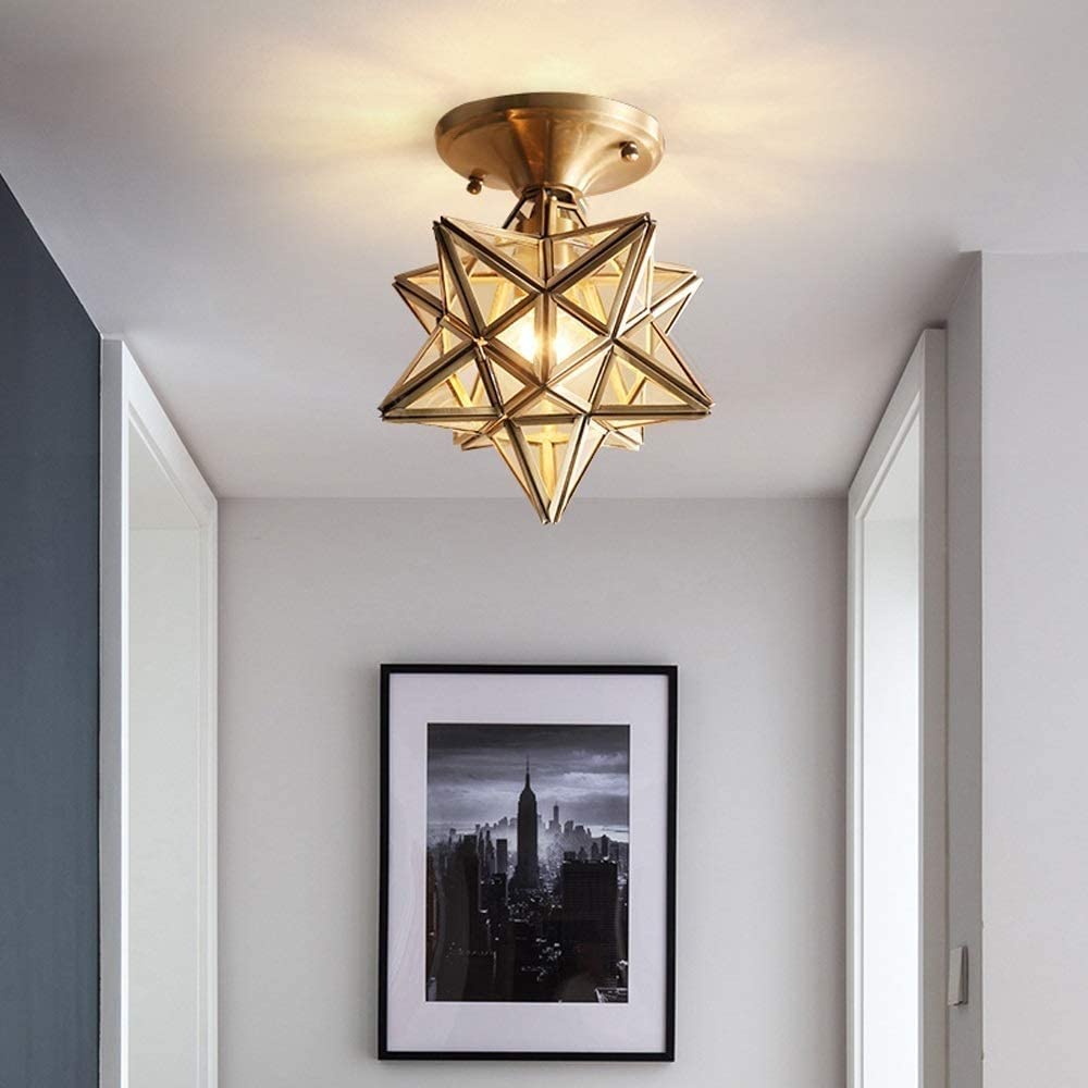 HANFCB Ceiling Light Moravian Star Island Hanging Pendant Light Passage Ceiling Lamp Fixture Brushed Brass Finish Pentagram Glass Chandelier Pendant Light For Dining, Living Room, Kitchen Island