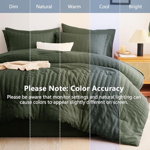 Image of CozyLux Full Size Comforter Sets Dark Green, 7 Pieces Seersucker Textured Luxury Bed in a Bag, All-Season Bedding Sets with Down Alternative Comforter, Sheets, Pillowcases & Shams, Bedroom Bed Set