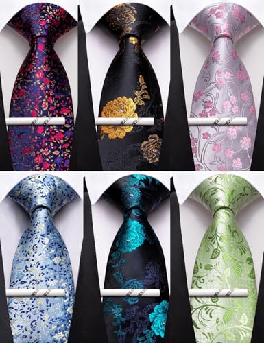 Image of Barry.Wang Mens 6 PCS Ties Silk Striped Paisley Check Floral Necktie Silky Woven Wedding Business Party Ties 3.34 inch