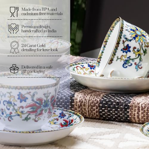 Image of GOLDEN QUEEN'S Cup & Saucer Set | Perfect for Hosting & for Tea /Coffee Lovers | Handcrafted in India, Inspired by Florals & 24-Carat Gold Rim | 6 Cups & 6 Saucers |170 ml (Himalyan Flora)