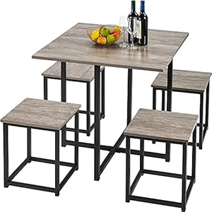 Yaheetech 5-Piece Dining Table Set – Industrial Kitchen & Chairs Sets for 4 Compact with Stools Space-Saving Design Apartment, Small Space, Breakfast Nook, Gray