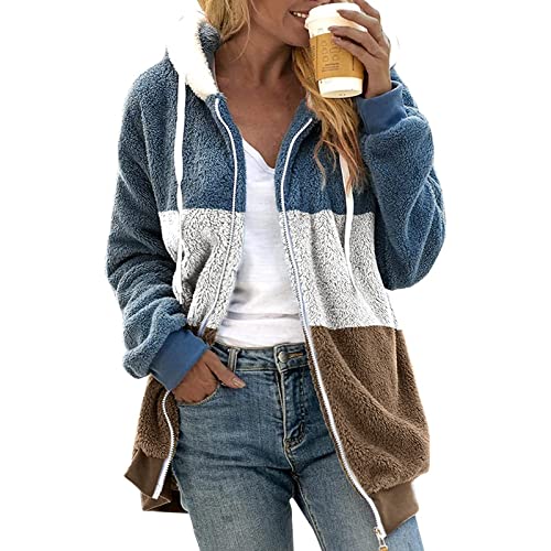 Fuzzy Fleece Jackets for Women Plus Size Hoodies Fall Winter Coats Color Block Patchwork Cardigan Coat with Pockets