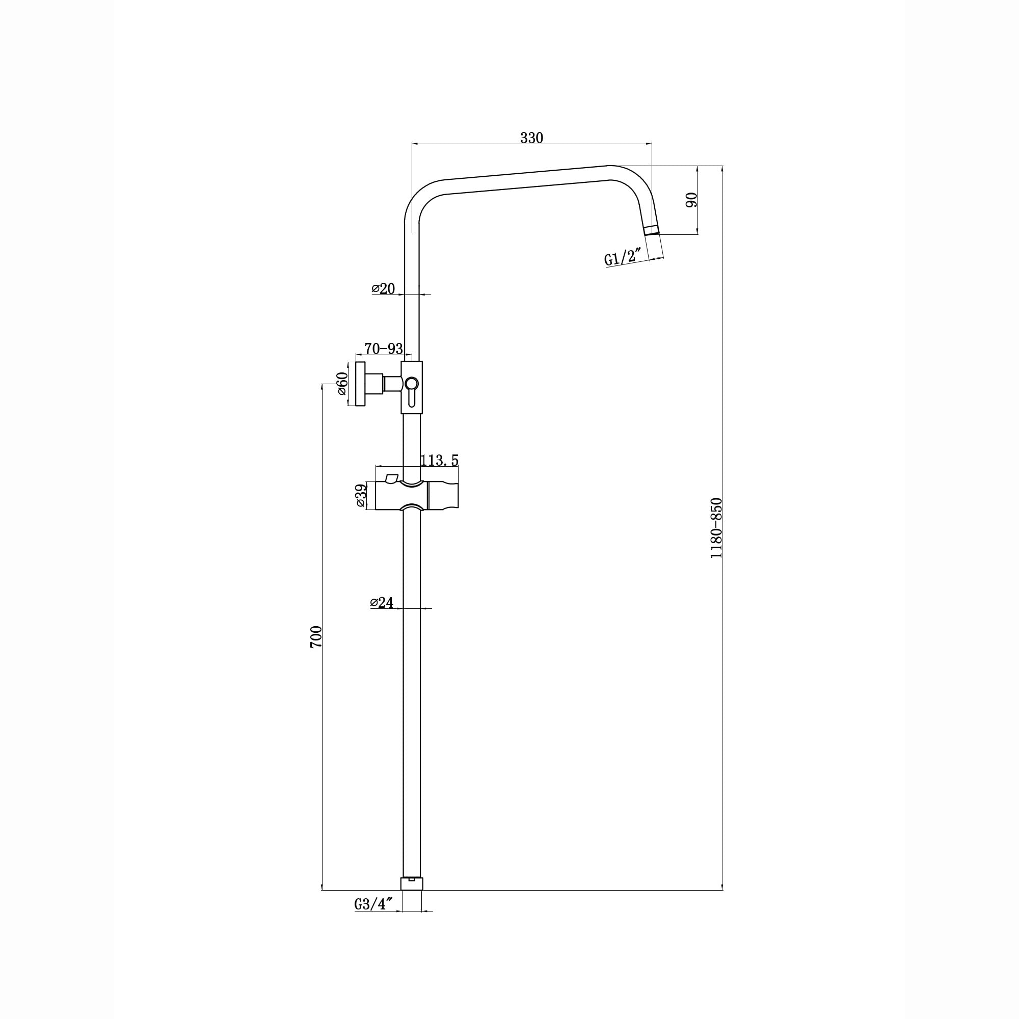 ENKI, G03, columna elevadora para ducha dise�o angulado acero inoxidable cromado