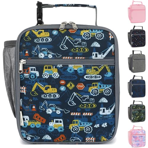 GYEUKHAM Lunch Box for Kids Boys Girls Men Women, Insulated Small Soft Cooler Lunch Bag Kit for School Work Picnic Travel - Reusable Portable lunchbox, Construction Truck