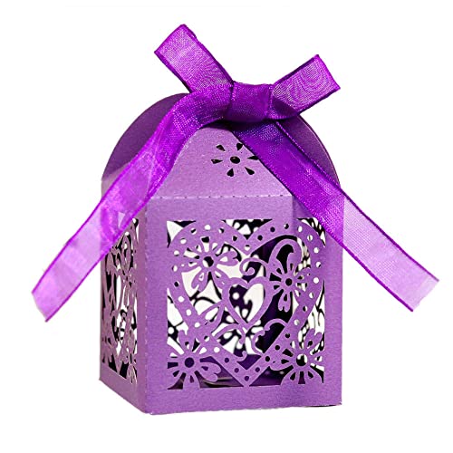 GIVBRO Lot de 10 boîtes à dragées de mariage avec rubans en forme de cœur creux pour décoration d'anniversaire, de Noël, violet