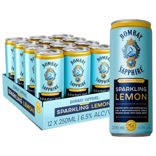 Bombay Sapphire Sparkling Lemon, Cocktail Pronto da Bere, 6.5% Vol, 12 Lattine da 25 ml, Gusto Fresco e Fruttato