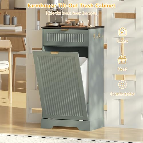 Image of Single 13 Gallon Tilt Out Trash Can Cabinet,Garbage Cabinet with Drawer | Hidden Garbage Storage with Fluted Design, Drawer & Hooks for Kitchen, Dining Room and Small Space Organization,Green