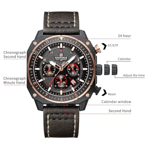 Image of NAVIFORCE NF8057 Square Vintage Military Chronograph Genuine Leather Analog Watch