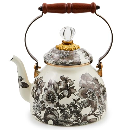 MACKENZIE-CHILDS 2-Quart Enamel Tea Kettle, Cute Tea Kettle for Stovetop, Sterling English Garden