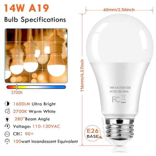 12-pack a19 led light bulb 100 watt equivalent 14w 1600lm non-dimmable bright light bulbs 2700k warm white standard e26 base led bulbs for kitchen bathroom home lighting lamp 90 high cri