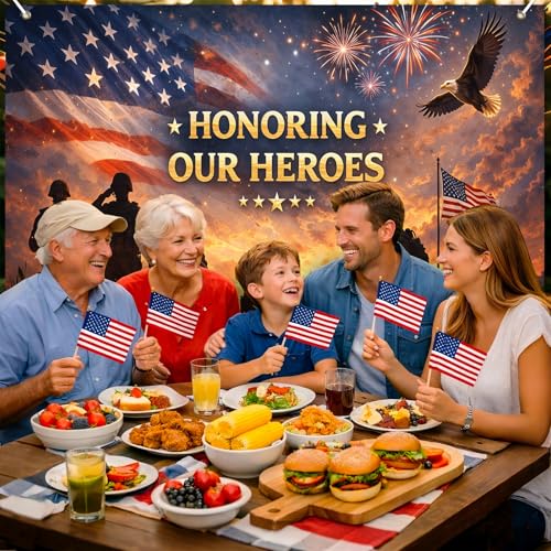 Image of Bliss Yard 4th of July Patriotic Backdrop Banner 8 x 6 Ft American Flag Military Memorial Theme Decorations, Independence Day Party Decor for Veterans Day Memorial Event Indoor Outdoor Supplies