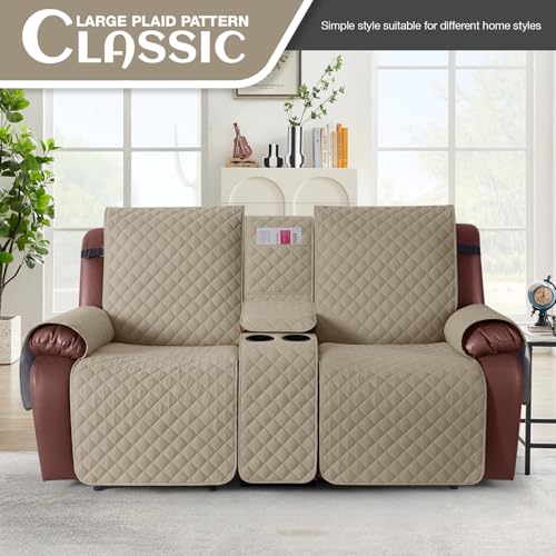 Image of KinCam 100% Waterproof Recliner Loveseat Cover with Console, Non-Slip Reclining Couch Covers for 2 Seat, Recliner Sofa Cover Furniture Protector with Elastic Straps for Kids, Pets, Khaki
