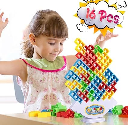KRIDEZ Tetra Tower Game 16 Pcs Stack Tower, Swing Stack High Child Balance Building Block 2 Players+ Interactive STEM Toy for Family, Travel, Parties for Adults & Kids 1