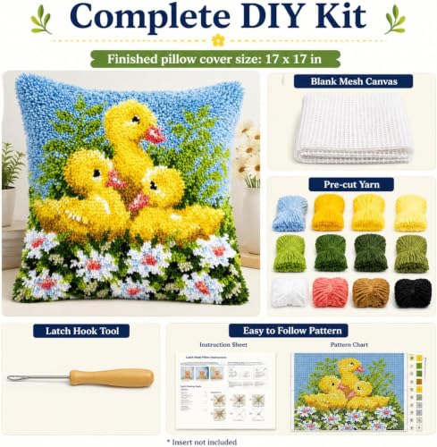 Image of clubevy DIY Latch Hook Kits Pillow Case Embroidery Carpet Set Needlework Pillow Cover Sofa Cushion Cover Craft Kits 17x17 inch (4159ducks)