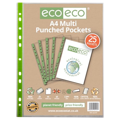 eco-eco A4 100% Recycled Premier Multi Punched Pockets Glass Clear, Transparent Poly Wallet Sheet Protector - Image 3