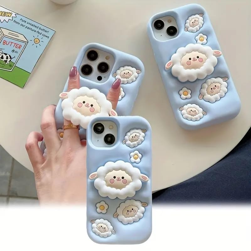 Image of COVERLY for iPhone 15 3D Cartoon Sheep Flock Case,Full Protective Funda Cotton Candy Cloud Pop Back Case with Holder Cute Soft Silicone Stylish Fashion Fun Aesthetic Cover for Apple iPhone 15
