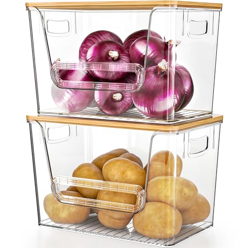 Image of Delamu 2 Set Pantry Organizers and Storage, Trash Bag Holder Under Sink Organizer for 4-13 Gal Bags, Trash Bag Dispenser with Bamboo Top for Onion, Potato, Garlic, Clear (11-7/32"L*7" W*7-1/8"H)