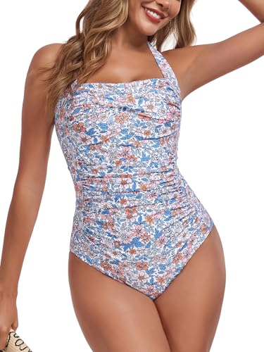 Image of Smismivo Tummy Control Swimwear Halter One Piece Slimming Vintage Retro Swimsuit Womens Ruched Push Up Bathing Suit