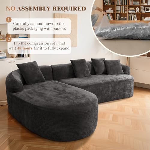 Image of 99 inch Curved Sectional Sofa with Chaise, Black, Left Chaise+Right Sofa | Modern Boneless Couch, Deep Seat, L Shaped 3-Seater Cloud Couch, No Assembly Needed, Chenille