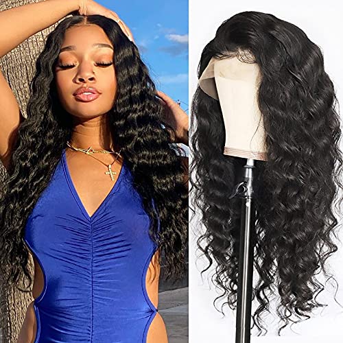Allove 13X4 Loose Deep Wave Lace Front Wigs Human Hair with Baby Hair Pre Plucked 20inch Brazilian Virgin Remy Human Hair Wigs for Black Women 150% Density 10a Natural Hairline Wig Natural Color
