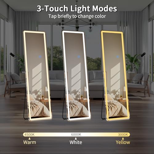 Image of Koonmi LED Full Length Mirror, 63 inchx20 inch Full Length Mirror with Lights, Lighted Floor Mirrors with Stand, Full Body Mirrors with Dimming & 3 Color Lightingfor Living Room Cloakroom, White