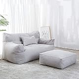 OMKUOSYA Double Bean Bag Chair Lazy Sofa w/Footstool (Cover ONLY, NO Filler) Durable Comfort Lounger High Back Bean Bag Chair Couch for Adults and Kids, Indoor & Outdoor, Light Grey