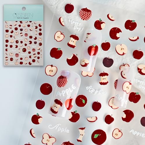 CESTSIREN Red Apple Nail Art Stickers Cute Fruit Nail Decals Self-Adhesive Nail Accessories & Supplies Durable & Long-Lasting