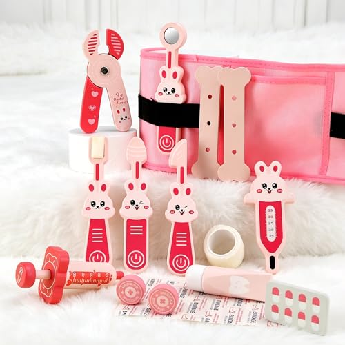 XZZO Wooden Doctor Kit for Toddlers 3-5, Pink Rabbit Kids Dentist Play Set with Portable Doctor Belt & 16+ Pcs Medical Tools, Pretend Play Doctor Toys Educational Birthday Gifts for Girls Age 3-8 - Image 6