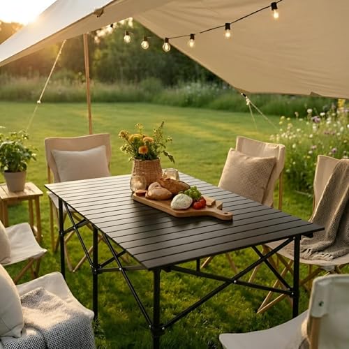 Image of Kraptick Portable Metal Folding Camping Table with Roll-Up Tabletop Lightweight Outdoor Long Table with Carry Bag Compact & Durable Folding Table for Camping, Picnic, Beach & Travel Use (Black)