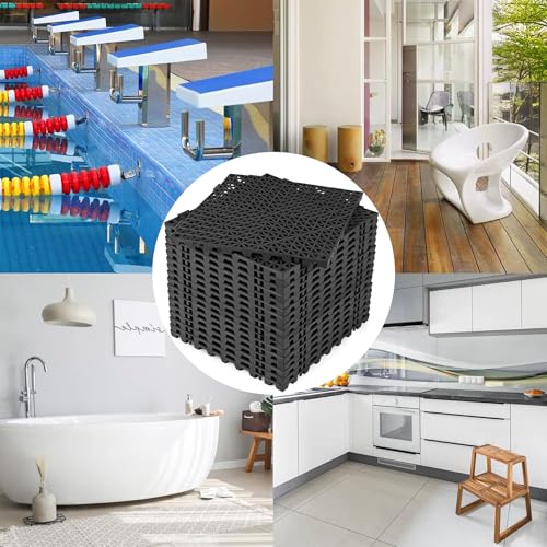 Image of ToLanbbt Modular Interlocking Cushion 18P 11.8 inch x 11.8 inch Interlocking Rubber Floor Drain Holes Non-Slip Splicing Drainage Mats for Deck, Shower, Kitchen, Drain Pool, Sauna Bath, Indoor Outdoor (Black)