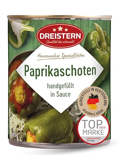 DREISTERN Gefüllte Paprikaschoten 800g I Mit Fleischfüllung in Sauce I Pikantes Fertiggericht in recyclebarer Konservendose I Lange Haltbarkeit dank natürlicher Konservierung I Hausmacher Qualität