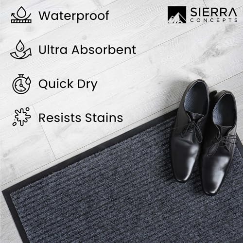 Image of Sierra Concepts 2-Pack Striped Door Floor Mat - Indoor Outdoor Rug 36 inch x 24 inch Large Entryway Welcome Mats with Rubber Backing for Shoe Scraper, Ideal for Inside Outside High Traffic Area, Gray & Black