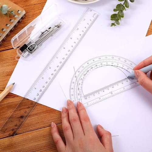 zonon 3 pcs plastic ruler 6 inch protractor drawing compass set student geometry math transparent measuring tools for home school classroom office supplies12 inchclear