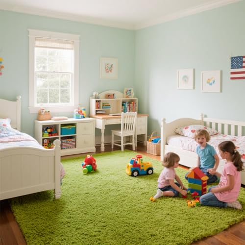 Green Rug for Bedroom, 5x7 Fluffy Area Rugs for Kids Playroom, Furry Carpet for Nursery Room, Shaggy Rug for Teen Living Room, Thick Fuzzy Plush Rug for Dorm, Cute Room Decor for Baby