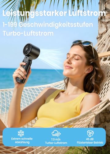 Deyhoc Handventilator Akku aufladbar mit LED-Display & Clip, 1-199 Stufen, 3-in-1 Ventilator für Hand, Nacken & Tisch, Leistungsstarke Mini Hand Ventilatoren für Reisen Camping Büro Zuhause, Schwarz 4