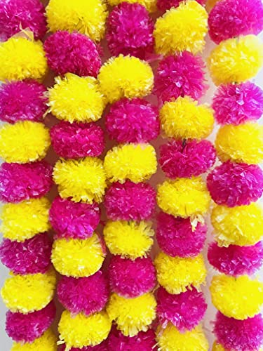 SPHINX Artificial Marigold Fluffy Flower Garlands (Yellow & Rani Pink, 5 Pieces)
