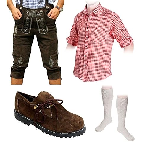 Herren Trachten Set B 5-teilig Trachten Lederhose Dunkelbraun 46-60 Trachtenhemd Schuhe Socken (Wählbar Hose 46-60 Hemd S-XXXL Schuhe/Socken 41-46) Cover