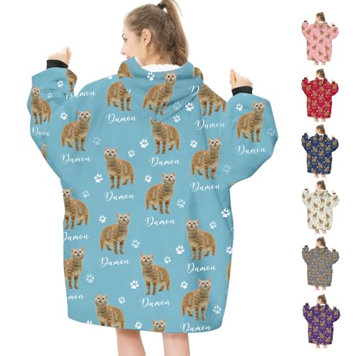 Personalized Cat Blanket Hoodie Custom Your Pet Cat Dog Photo Oversized Wearable Sherpa Hoodie Blankets Sweatshirt for Girls