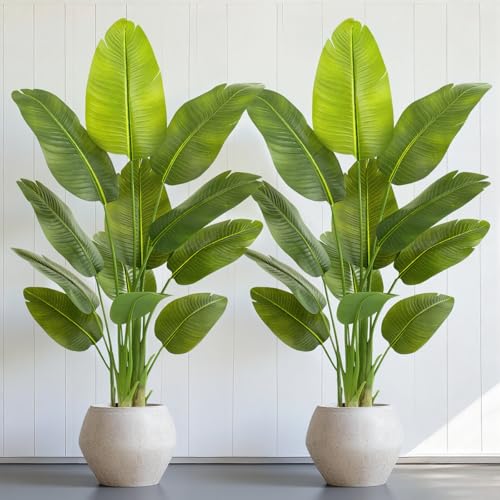Image of Lifelike Bird of Paradise Artificial Plant,5ft Faux Banana Leaf Tree with 10 Trunks - Perfect Indoor Silk Floor Plant for Home Decor in Living Room, Office, and Bedroom (Set of 2)