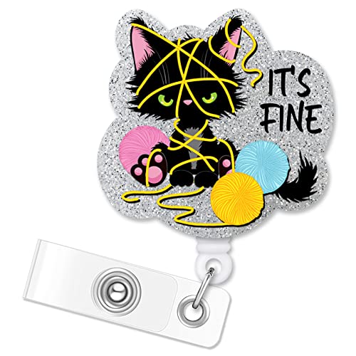 ERHACHAIJIA It's Fine Funny Black Cat Retractable Badge Reel Gift for Nurses Doctors Office Worker Social Worker Cat Lover (Silver)