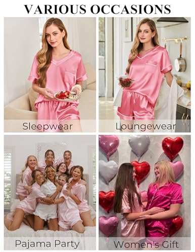 Image of Silk Pajamas for Women Short Sleeve Satin 2 Piece Pj Set Soft V Neck Sleepwear Loungewear, S-XXL
