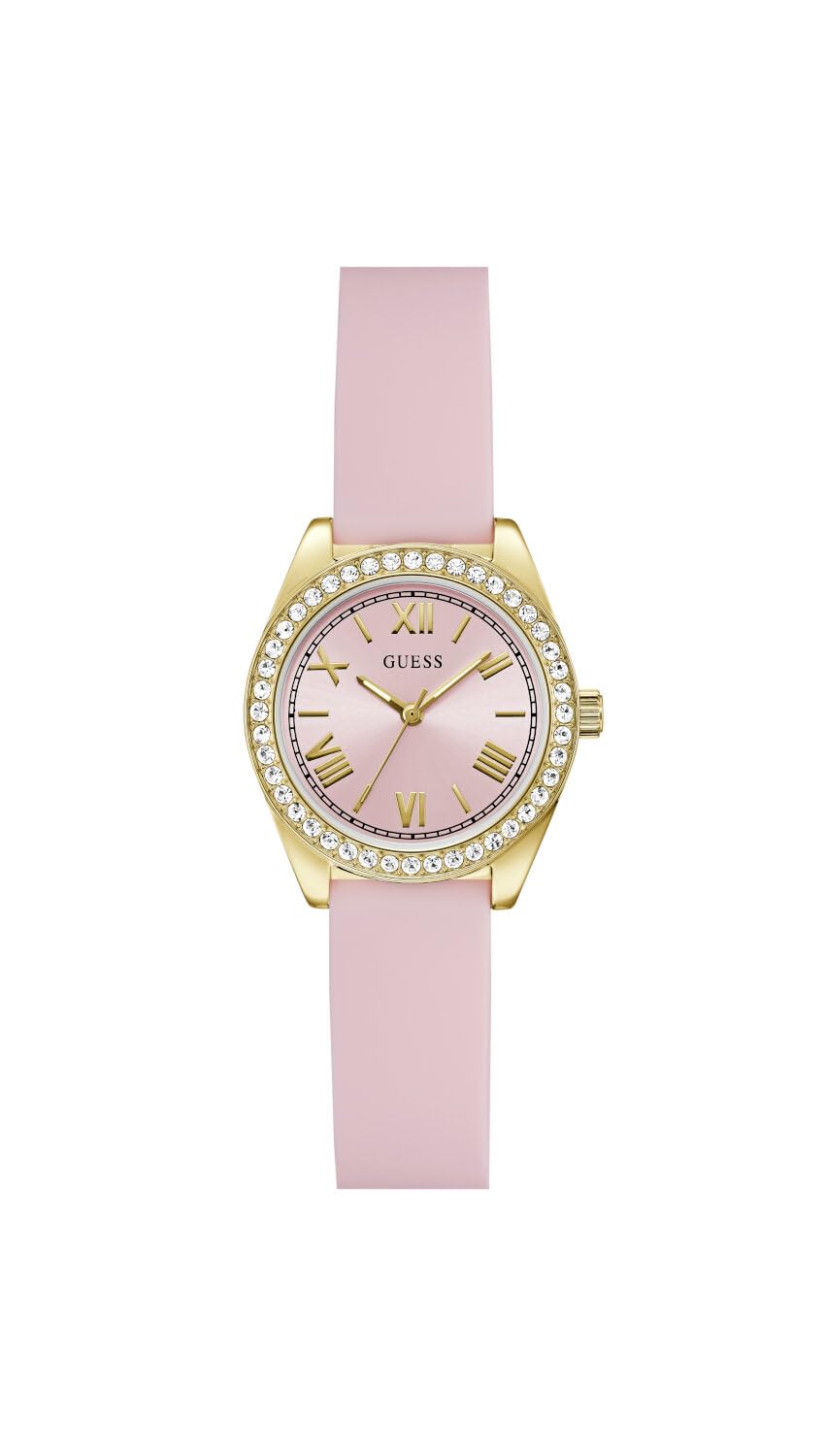 Guess Reloj de Pulsera para Mujer GW1000L2 Mini Luna de 30 mm, Acero Inoxidable Dorado, Esfera Rosa, Cuarzo, Cristal Mineral, circonita, 3 ATM, Correa de Silicona Blanca de 14 mm