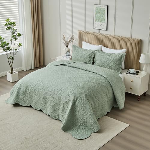Image of Oversized California King Bedspreads 120x120 for Extra Tall Split Cal King Bed Lightweight Quilted Coverlet Set 3 Pieces 1 Quilt 2 Pillow Shams Sage