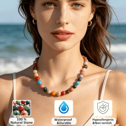 Image of GINAZL Natural Stone Beaded Choker Necklace for Women, Chunky Multicolor Gemstone Handmade Necklace, Boho 12MM Bead Summer Beach Jewelry Gifts for Women