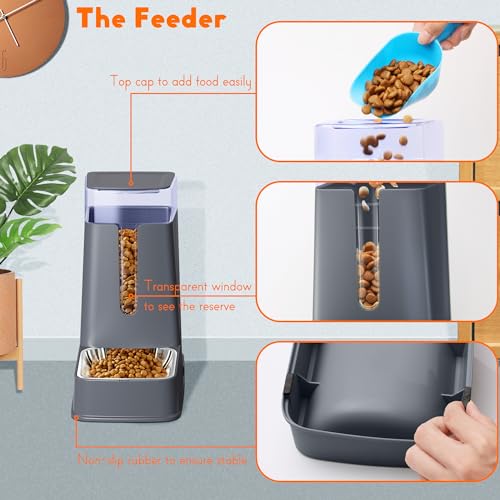 Cat Food Dispenser and Cat Water Dispenser Set with Stainless Steel Bowls Gravity Dog Feeder for Small Medium Big Cat Dog Pet Puppy Kitten, 1 Gallon x 2 - Image 4
