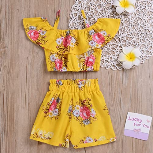 Toddler Baby Girl Floral Halter Ruffled Outfits Set Yellow Strap Crop Tops+ Shorts Pants Summer Clothes Set
