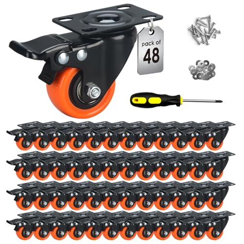 Image of 2 inch Caster Wheels Set of 48, Heavy Duty Casters with Brake, No Noise Locking Casters with Orange Polyurethane (PU) Wheels, Swivel Plate Castors Pack of 48