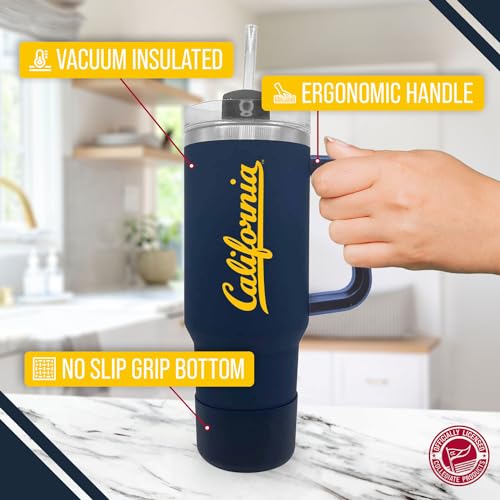 Image of Campus Colors College & University 40 oz Travel Tumbler With Handle - Dual Option Lid With Straw - Vacuum Insulated Stainless Steel (Cal Golden Bears - Navy)